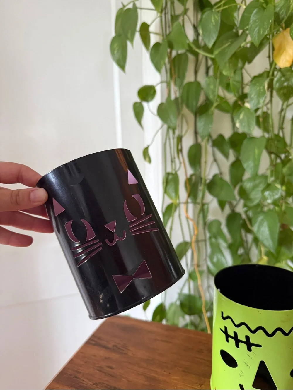 Black Cat and Lime Green Frankenstein Decorative Metal Candle Holders